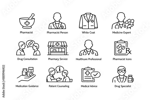 Pharmacist and healthcare professional icons set for medical services and consultation