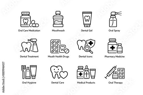 Dental care icons: medicine, hygiene, treatment, products, therapy