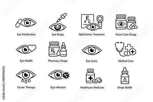 Eye medication and ophthalmic treatment icons set