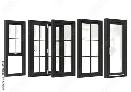 professional product shot of various high-end, contemporary matte black architectural doors and windows in a showroom setting, sharply focused on the details. concept of premium home renovation