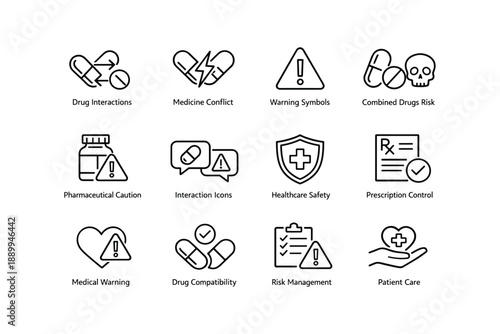 Healthcare safety icons featuring drug interactions and prescription warnings