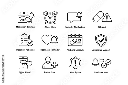Healthcare alert and reminder icons for medication management