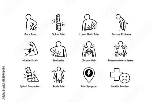 Back pain and musculoskeletal issues icons set for health awareness