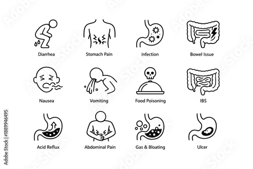 Digestive health icons illustrating symptoms and conditions