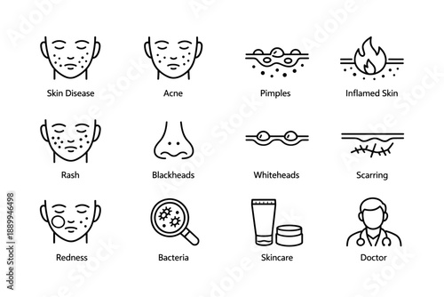 Acne and skin conditions icons: pimples, blackheads, skincare solutions