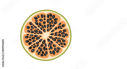 Cross-section of a round fruit with many black seeds inside a pale orange flesh represents an exotic tropical species like passion fruit.