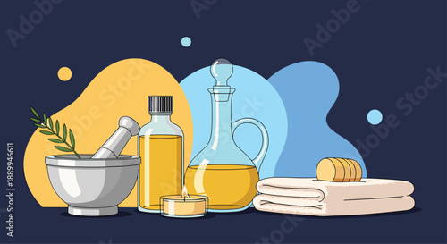 Peaceful spa arrangement includes a stone mortar, bottles of oil, a burning candle, and a stack of clean towels on a blue background.