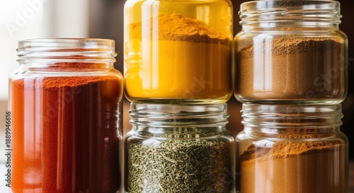 Assorted spices and seasonings in glass jars.