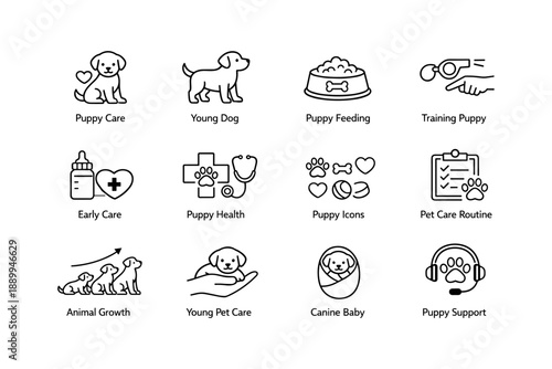 Puppy care icons featuring training, feeding, and health symbols