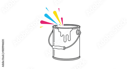 Open paint can with colorful paint splatters erupting from it represents creativity and the beginning of a fresh artistic project.