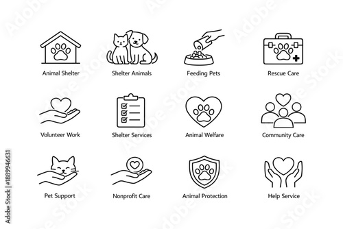 Animal shelter icons featuring volunteer work and community care