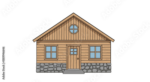 Traditional wooden log cabin features a stone foundation and large windows standing as a cozy home in a rustic or rural setting.