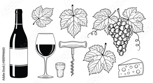 Comprehensive set of wine icons includes a bottle, glass, corkscrew, and grape cluster for a complete theme of viticulture and tasting.