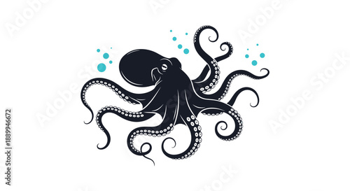 Black octopus silhouette swims amidst bubbles in a dynamic underwater scene capturing the mystery and grace of marine creatures.