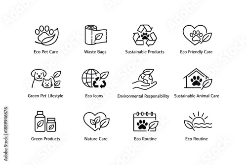 Eco-friendly pet care icons: sustainable products and environmental responsibility