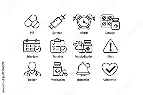 Medical icons including pill, syringe, alarm, dosage, schedule, tracking, pet medication, alert, doctor, reminder, adherence