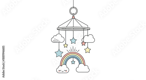 Whimsical baby mobile features hanging clouds, stars, and a smiling rainbow to create a soothing and magical nursery decoration.