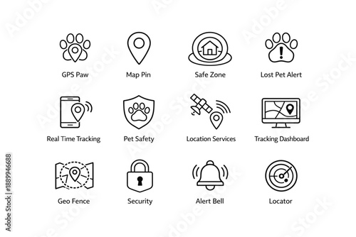 Pet tracking icons: gps, map, safety, alert, security, locator