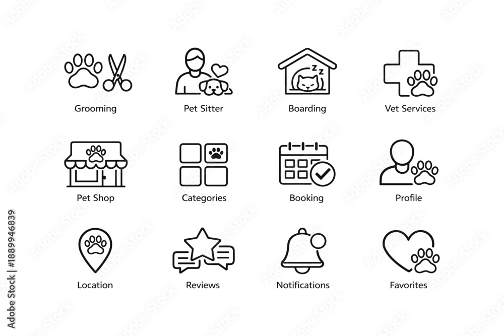 Fototapeta premium Pet service icons: grooming, sitter, boarding, vet, shop, categories, booking, profile