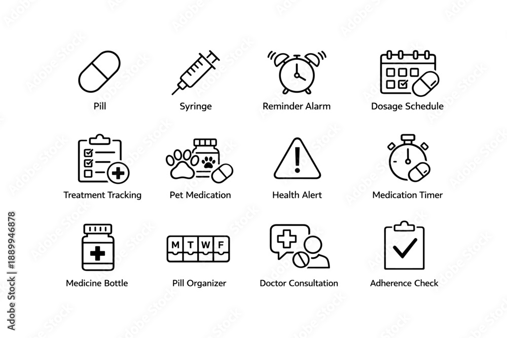 Fototapeta premium Medical icons set with pill, syringe, alarm clock, and health symbols