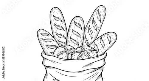 Rustic fabric sack filled with fresh french baguettes and round bread buns is shown in a detailed hand drawn charcoal sketch.