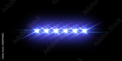 Blue emergency car lights. Police siren flashing. Bright lights of ambulance auto with radiant beams and smooth reflection halos. Realistic vector illustration in dynamic luminous style.