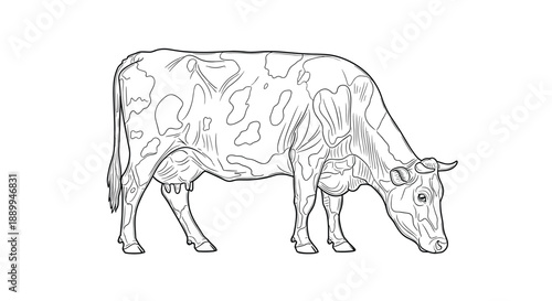 Realistic sketch of a dairy cow grazing reveals its spotted coat pattern in a highly detailed hand drawn animal illustration.