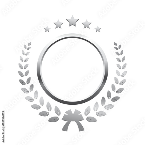 Silver award laurel wreath with stars and empty place for name of winner. Prize for awarding ceremony, championship, best player. Quality certified icon. Vector illustration.