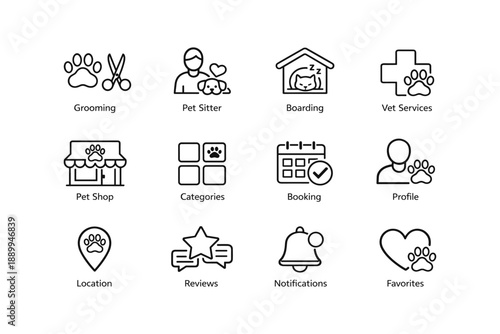 Pet service icons: grooming, sitter, boarding, vet, shop, categories, booking, profile