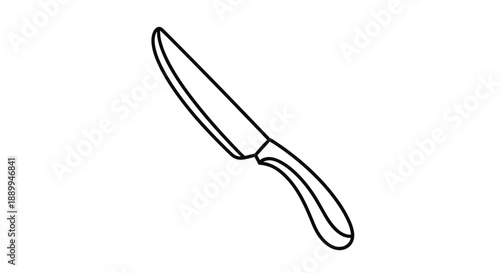 Sharp kitchen chef knife with a black handle is depicted in a clean and minimalist black and white line drawing for culinary use.