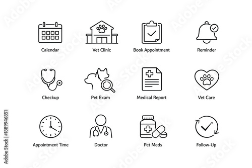 Veterinary icons set: clinic, pet exam, medical report, appointment, reminders