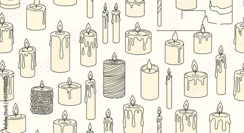 Seamless pattern features numerous burning wax candles of different heights and shapes with dripping melted wax on a pale background.