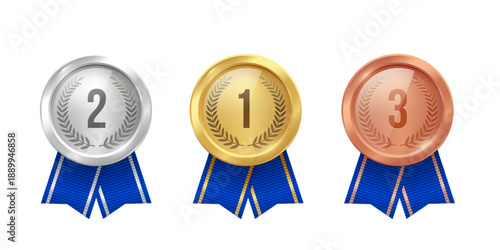 Gold, silver, and bronze medals. Realistic 3D award medals with blue ribbons, symbolizing first, second, and third place in sports, competitions, athletic events. Vector illustration.