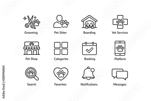 Pet care icons: grooming, pet sitter, boarding, vet services, pet shop