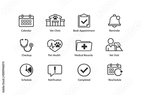 Pet health icons: calendar, vet clinic, appointment, reminder, checkup, medical records