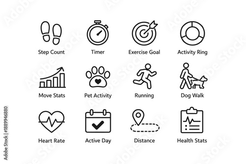 Fitness tracking icons: step count, timer, exercise goal, activity ring, pet activity, dog walk