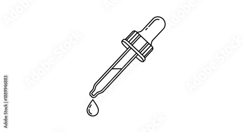 Glass laboratory pipette with a single droplet hanging from the tip is shown in a clean black line art graphic on white space.