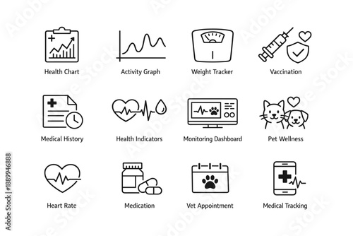 Icons representing health monitoring and pet wellness tools