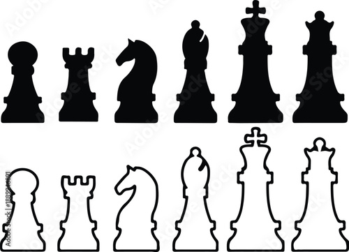 chess pieces black black line icons set vector illustration design art
