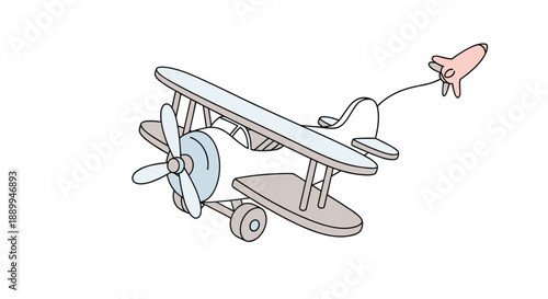 Retro toy biplane is shown in a whimsical style with a small pink rocket trailing behind it on a simple white background graphic.