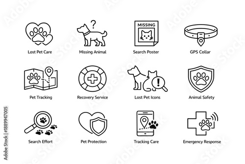 Icons for lost pet care and tracking services with gps and safety features