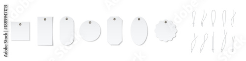 Price tags. Sale labels. Hanging tags. Blank white labels mockups. Paper empty stickers of different shapes with string loops for retail, packaging, gifts, luggage. Realistic vector illustrations set.