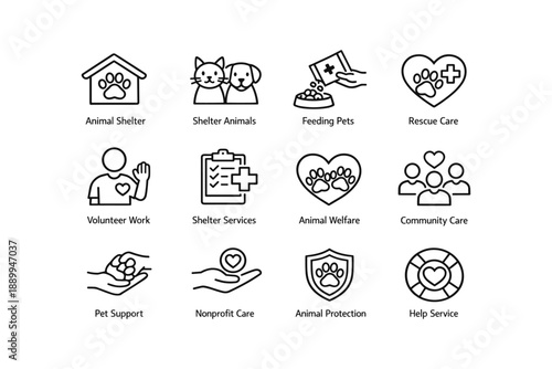 Animal welfare icons: shelter, care, feeding, volunteer, support
