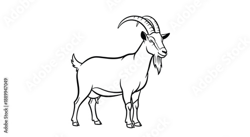 Side view of a standing goat with large curved horns and a beard shown in a clean black and white line art style.