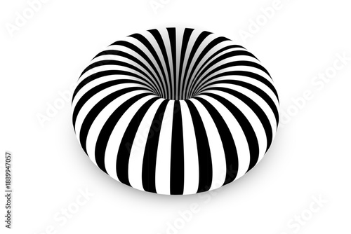 Black white striped torus forming deep circular tunnel with smooth curved lines. Converging pattern with strong optical contrast and rounded depth. Abstract geometric vector illustration.