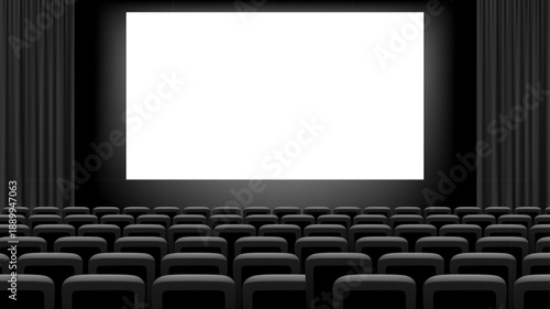 Cinema or theater chair screen background with rows of black velvet seats facing large blank display with dark hall and curtains creating classic movie atmosphere. Realistic vector illustration.