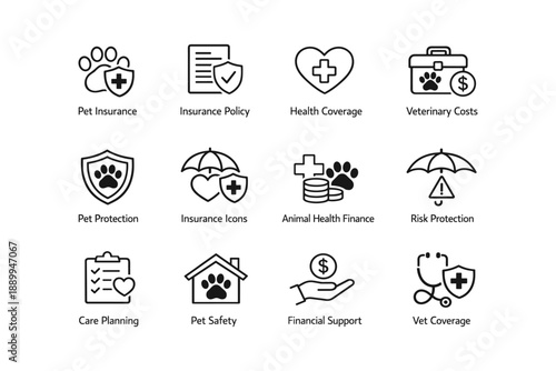 Pet insurance icons set: health coverage and veterinary costs symbols