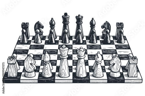 Chessboard with pieces in a starting position. A vintage engraving style illustration of a classic board game. Vector for strategy and logic concepts.