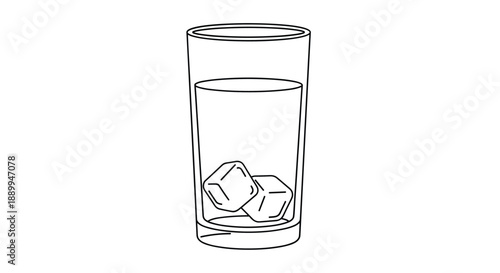 Tall glass filled with clear water and two square ice cubes at the bottom shown in a simple black line drawing.