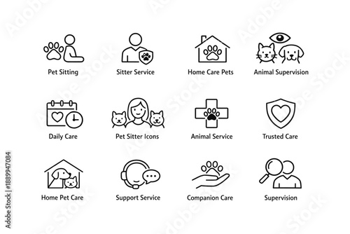 Pet care icon set: sitter service, home care, animal supervision, daily and trusted care
